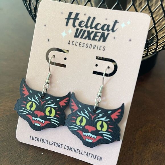 Retro Vintage Angry Black Cat Acrylic Drop Hook Earrings - Picture 2 of 5